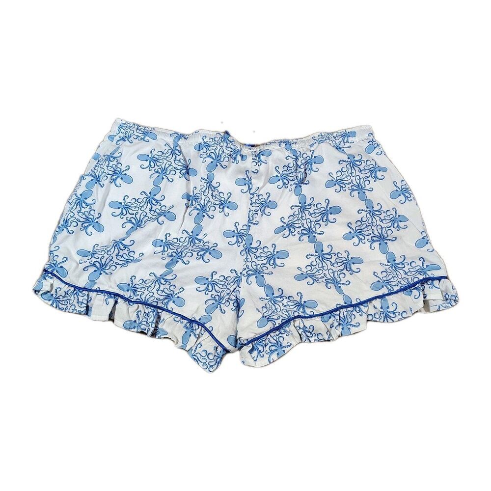 Womens Octopus Pajama Set Size XL Blue White Coastal Nautical Cotton - Picture 4 of 12